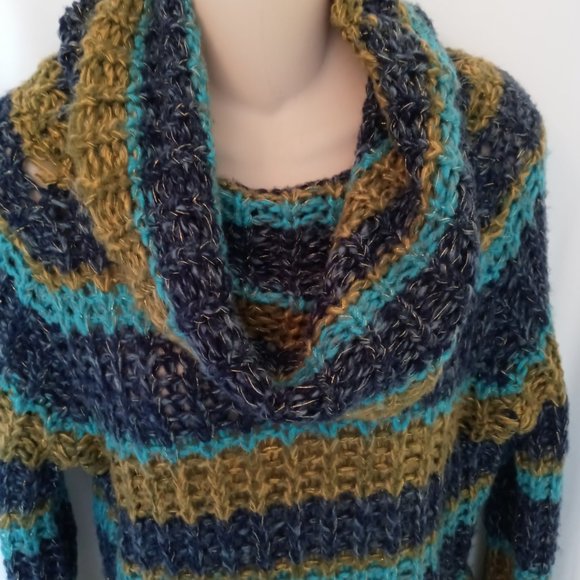 Ashley By 26 International Sweaters - Gorgeous Cowl Neck Open Knit Chunky Sweater Turquoise Blue & Green W Gold Flecks